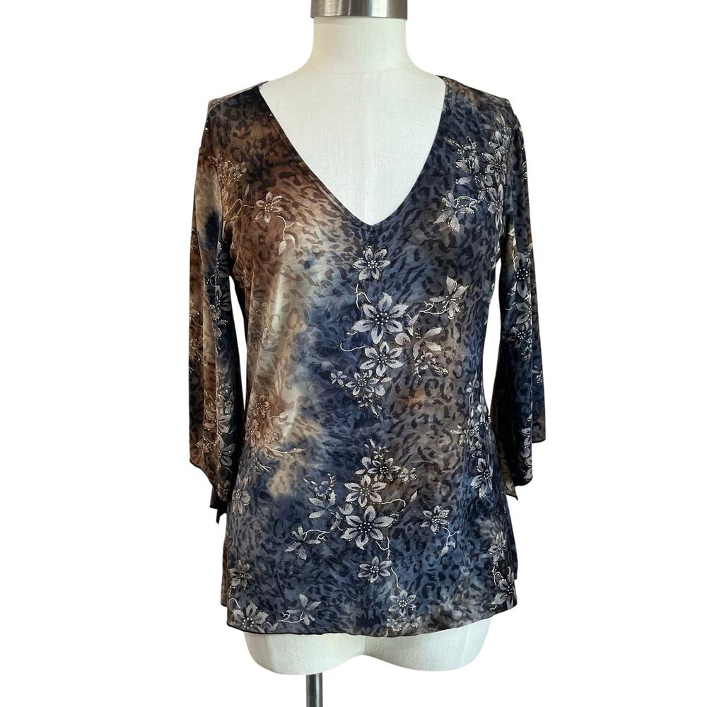 Y2K Cheetah Floral Blouse M Blue Brown V Neck Animal Print Top
